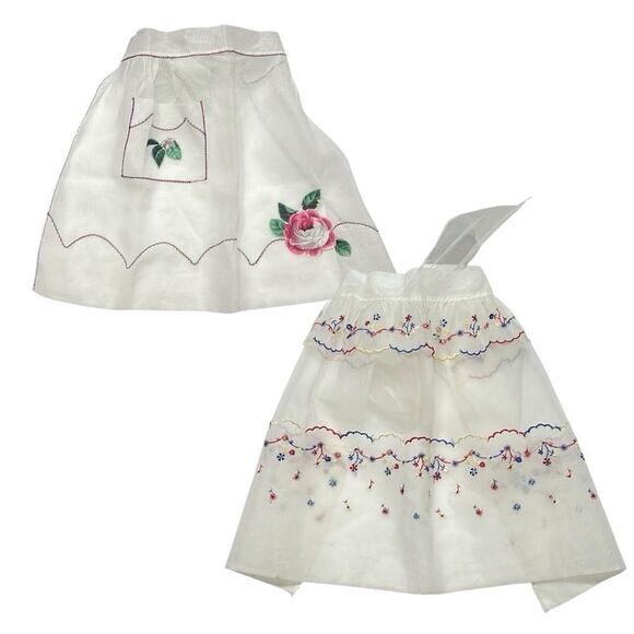Vintage Aprons Sheer White Floral Set of 2 Hand Sewn Pockets Waist Tie Back - Picture 1 of 11